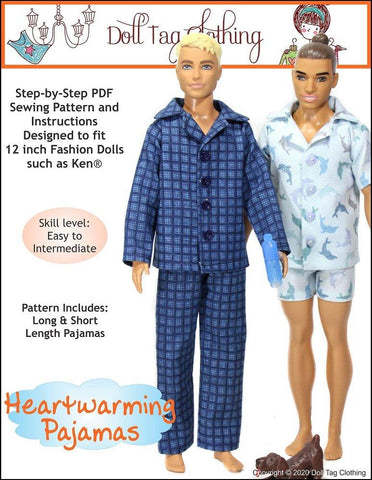Doll Tag Clothing Barbie Heartwarming Pajamas PDF Pattern for 12 inch Fashion Dolls Pixie Faire