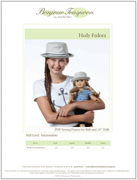Bonjour Teaspoon 18 Inch Modern Hedy Fedora for Kids & 18" Dolls Pattern Bundle Pixie Faire