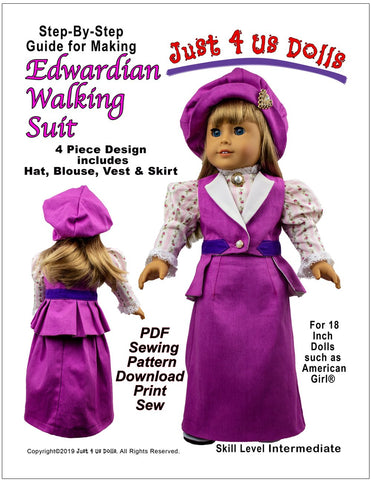 Just 4 Us Dolls 18 inch Historical Edwardian Walking Suit 18" Doll Clothes Pattern Pixie Faire