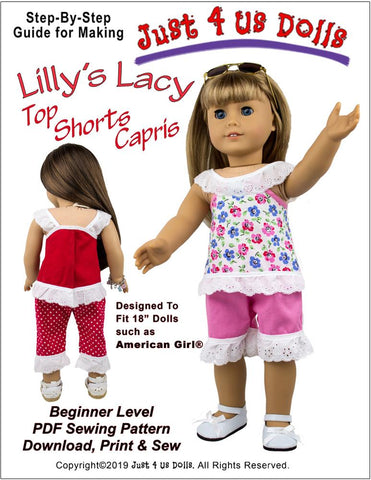 Just 4 Us Dolls 18 Inch Modern Lilly’s Lacy Top, Shorts, & Capris 18" Doll Clothes Pattern Pixie Faire