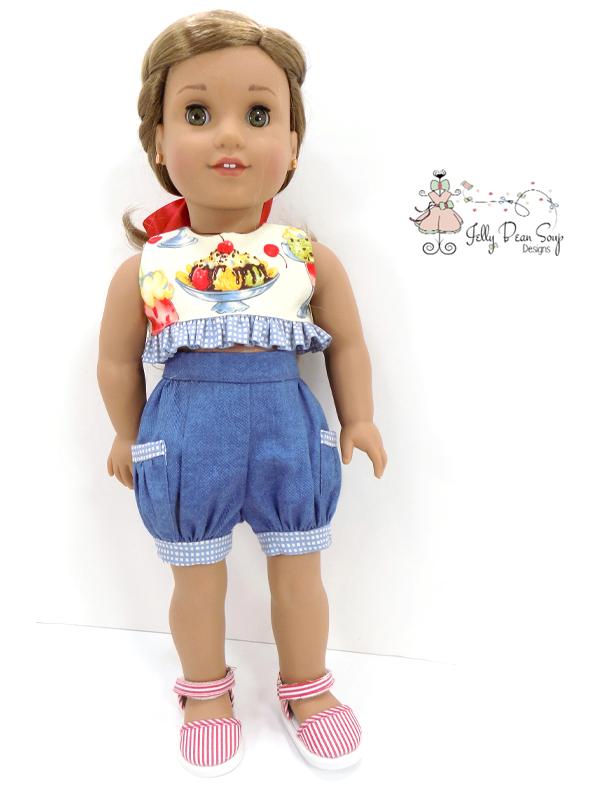 Jelly Bean Soup Designs 18 Inch Modern Bloomer Shorts and Ruffled Crop Top 18" Doll Clothes Pattern Pixie Faire