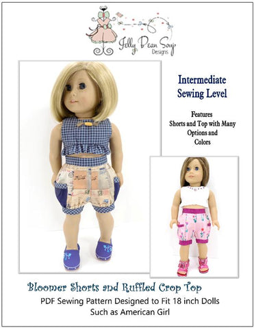 Jelly Bean Soup Designs 18 Inch Modern Bloomer Shorts and Ruffled Crop Top 18" Doll Clothes Pattern Pixie Faire