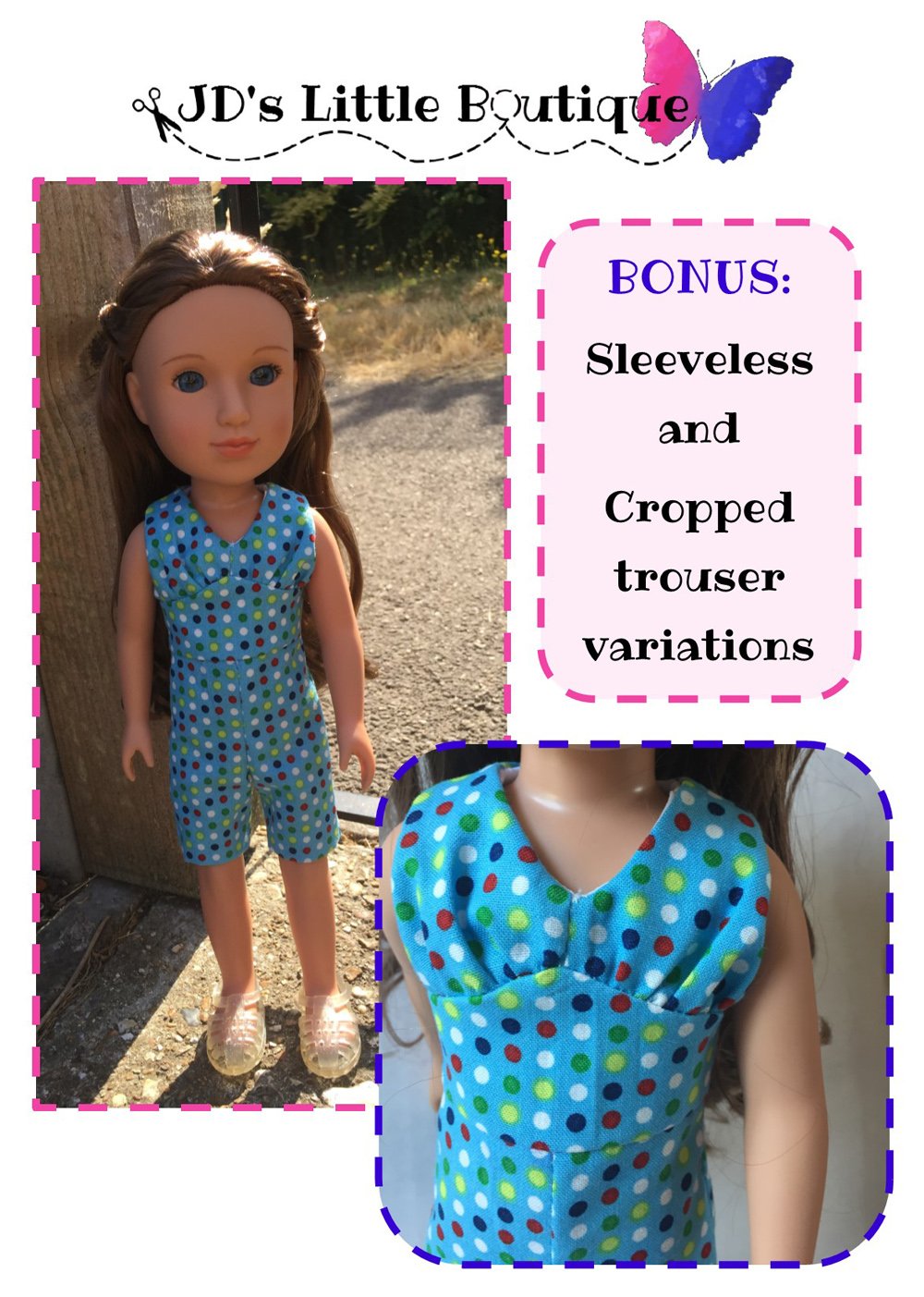 JD's Little Boutique WellieWishers Laurie 1970s Jumpsuit 14" - 14.5" Doll Clothes Pattern Pixie Faire