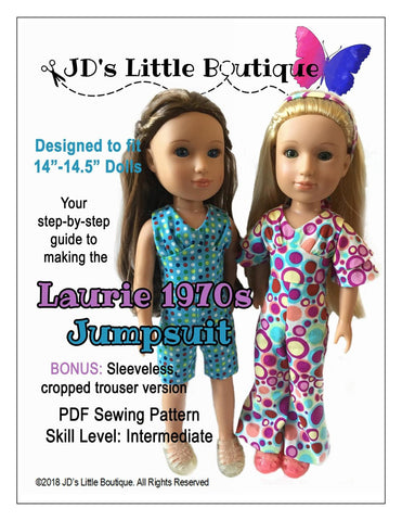 JD's Little Boutique WellieWishers Laurie 1970s Jumpsuit 14" - 14.5" Doll Clothes Pattern Pixie Faire