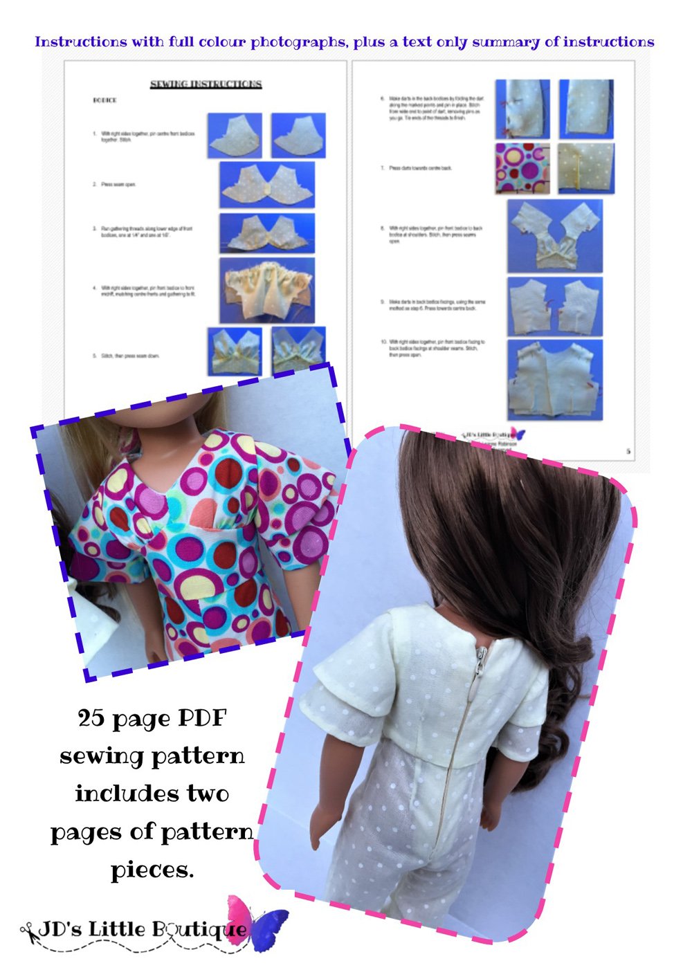 JD's Little Boutique WellieWishers Laurie 1970s Jumpsuit 14" - 14.5" Doll Clothes Pattern Pixie Faire