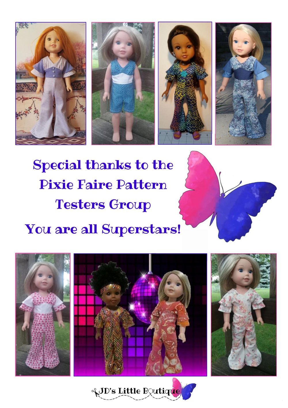 JD's Little Boutique WellieWishers Laurie 1970s Jumpsuit 14" - 14.5" Doll Clothes Pattern Pixie Faire