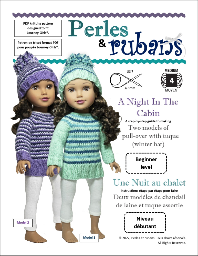 Perles & Rubans Knitting A Night in the Cabin Doll Clothes Knitting Pattern for 18" SLIM dolls such as Journey Girls Pixie Faire