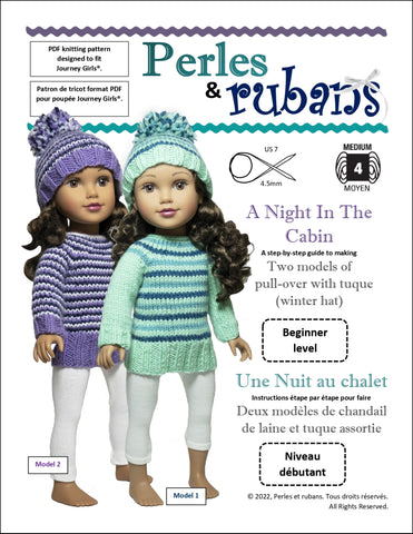Perles & Rubans Knitting A Night in the Cabin Doll Clothes Knitting Pattern for 18" SLIM dolls such as Journey Girls Pixie Faire