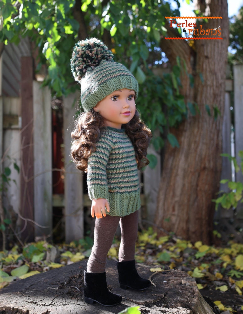 Perles & Rubans Knitting A Night in the Cabin Doll Clothes Knitting Pattern for 18" SLIM dolls such as Journey Girls Pixie Faire
