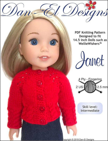 Dan-El Designs WellieWishers Janet Cardigan Sweater 14.5" Doll Knitting Pattern Pixie Faire