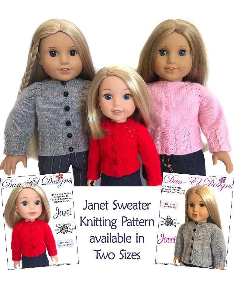 Dan-El Designs WellieWishers Janet Cardigan Sweater 14.5" Doll Knitting Pattern Pixie Faire