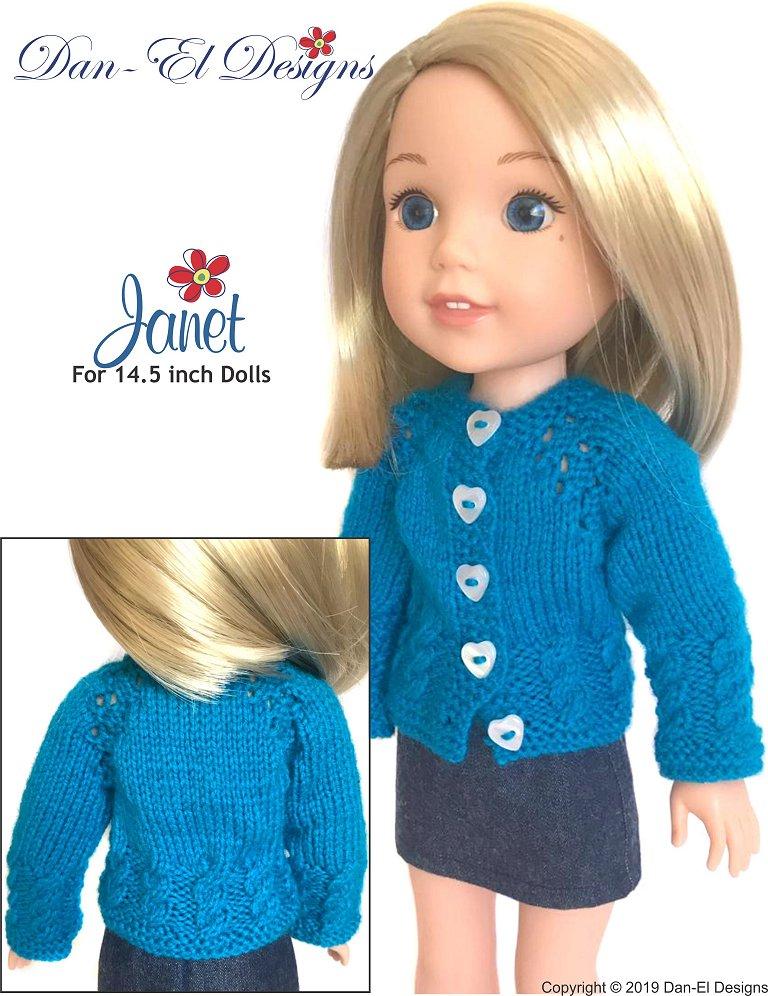 Dan-El Designs WellieWishers Janet Cardigan Sweater 14.5" Doll Knitting Pattern Pixie Faire