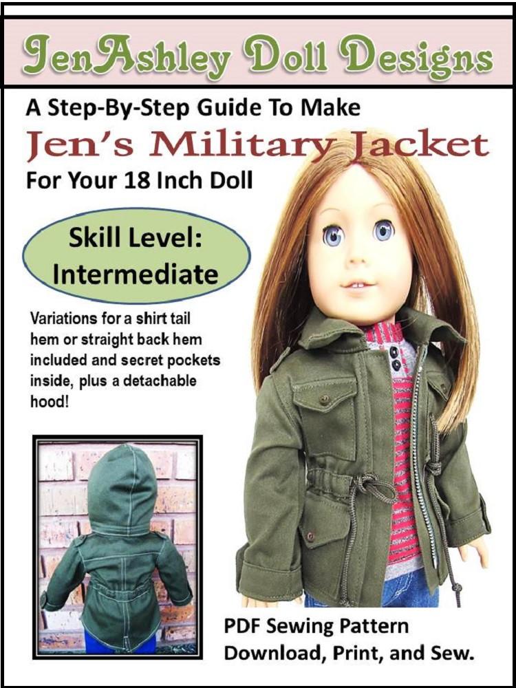 Jen Ashley Doll Designs 18 Inch Modern Jen's Military Jacket 18" Doll Clothes Pattern Pixie Faire