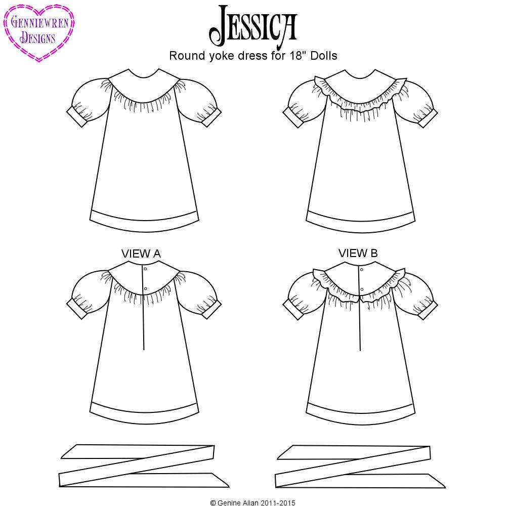 Genniewren 18 Inch Modern Jessica Round Yoke Dress 18" Doll Clothes Pattern Pixie Faire