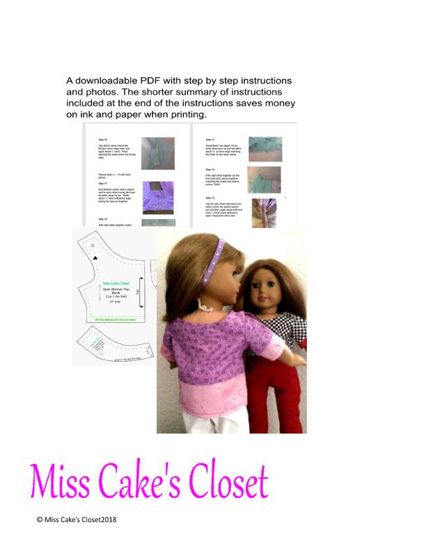 Miss Cake's Closet 18 Inch Modern Jozel Split Sleeve Top 18" Doll Clothes Pattern Pixie Faire