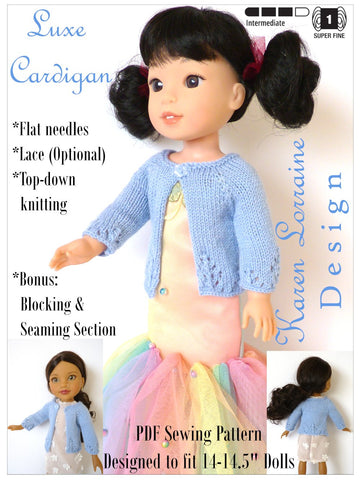 Karen Lorraine Design WellieWishers Luxe Cardigan 14-14.5 Inch Doll Clothes Knitting Pattern Pixie Faire