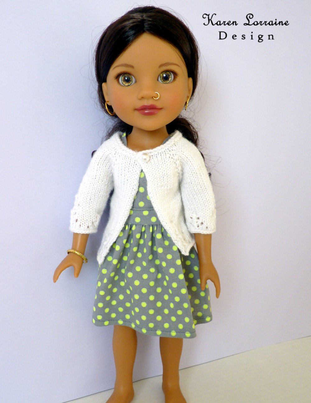 Karen Lorraine Design WellieWishers Luxe Cardigan 14-14.5 Inch Doll Clothes Knitting Pattern Pixie Faire
