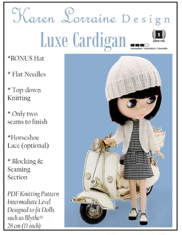 Karen Lorraine Design Blythe/Pullip Luxe Cardigan Knitting Pattern for 12" Blythe Dolls Pixie Faire