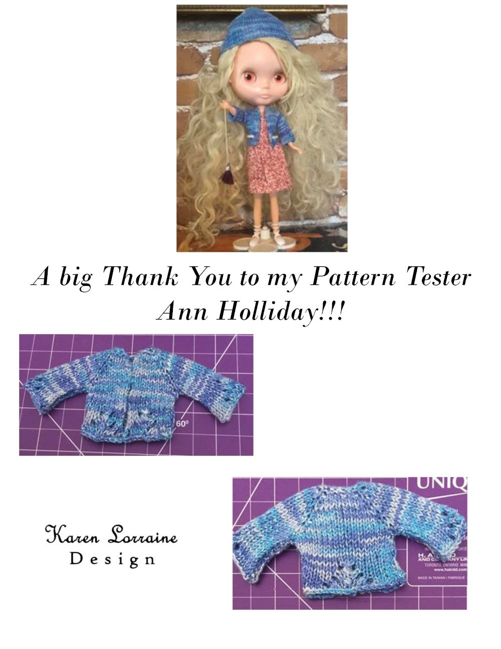 Karen Lorraine Design Blythe/Pullip Luxe Cardigan Knitting Pattern for 12" Blythe Dolls Pixie Faire