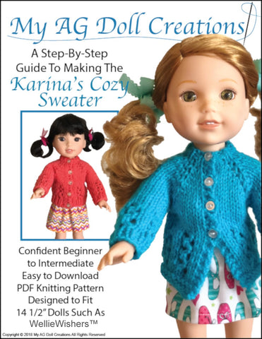My AG Doll Creations WellieWishers Karina's Cozy Sweater 14.5" Doll Knitting Pattern Pixie Faire