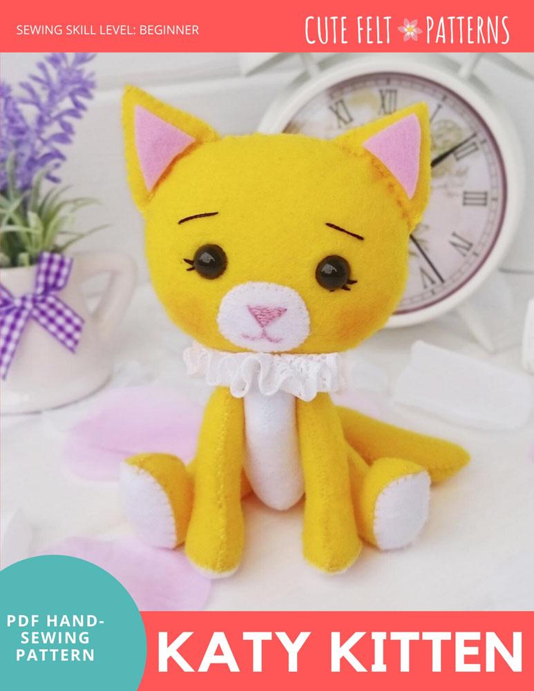 Cute Felt Patterns Hand Sewing Katy Kitten 5" Felt Plush Hand Sewing Pattern Pixie Faire