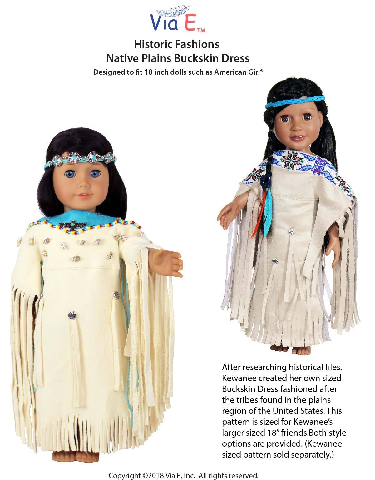 Via E 18 Inch Historical Historic Fashions Native Plains Buckskin Dress 18" Doll Clothes Pattern Pixie Faire