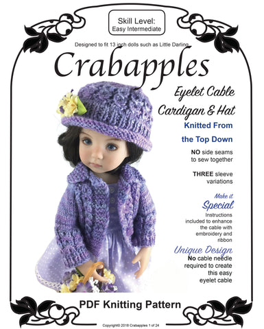 Crabapples Little Darling Eyelet Cable Cardigan and Hat Bundle Knitting Pattern for Little Darling Dolls Pixie Faire