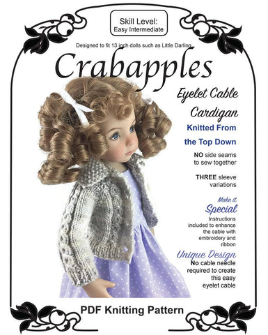 Crabapples Little Darling Eyelet Cable Cardigan Knitting Pattern for Little Darling Dolls Pixie Faire