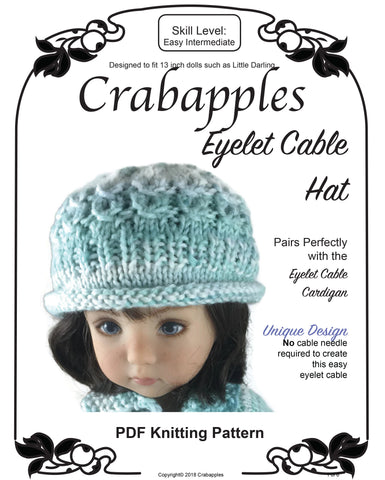 Crabapples Little Darling Eyelet Cable Hat Knitting Pattern for Little Darling Dolls Pixie Faire