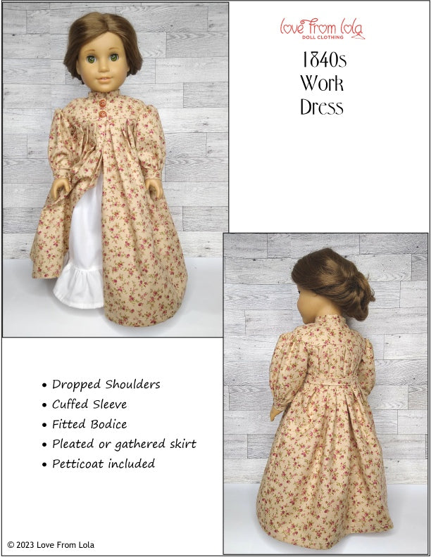Love From Lola 18 Inch Historical 1840s Work Dress 18" Doll Clothes Pattern Pixie Faire