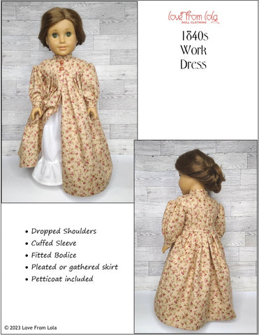 Love From Lola 18 Inch Historical 1840s Work Dress 18" Doll Clothes Pattern Pixie Faire