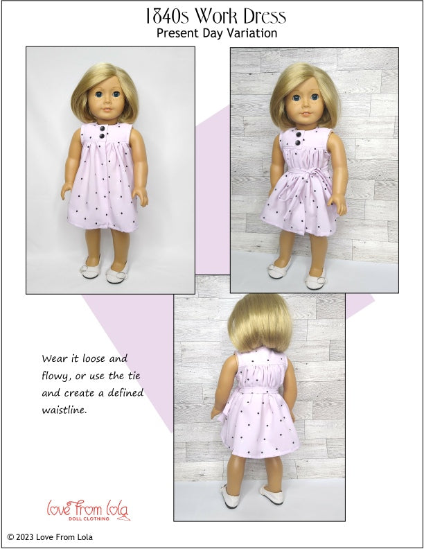 Love From Lola 18 Inch Historical 1840s Work Dress 18" Doll Clothes Pattern Pixie Faire