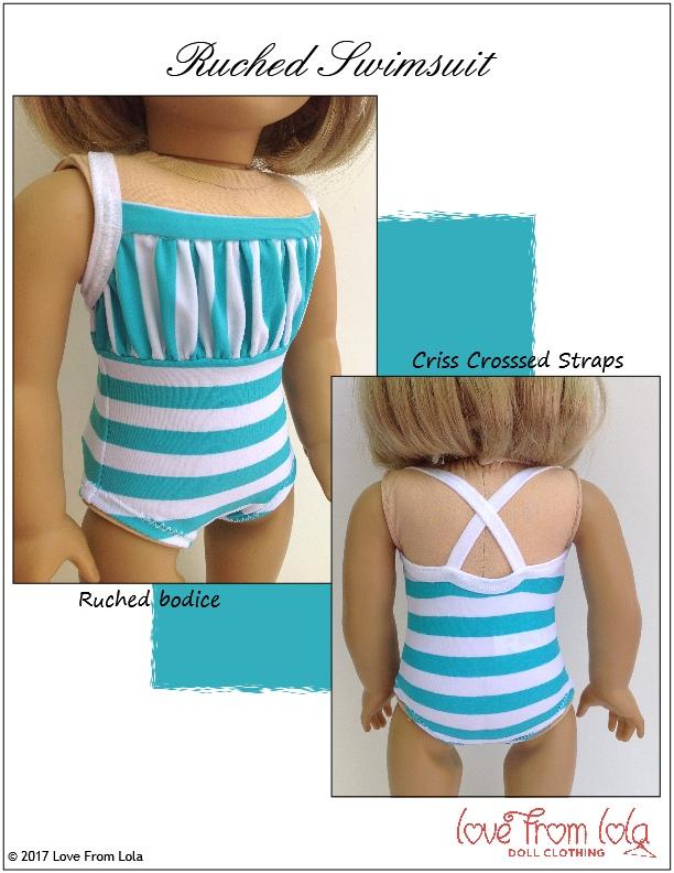 Love From Lola 18 Inch Modern Ruched Swimsuit 18" Doll Clothes Pattern Pixie Faire