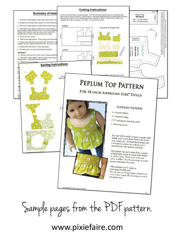 Liberty Jane 18 Inch Modern Peplum Top 18" Doll Clothes Pattern Pixie Faire
