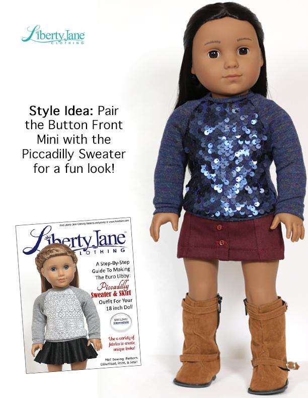 Liberty Jane 18 Inch Modern Button Front Mini Skirt 18" Doll Clothes pattern Pixie Faire