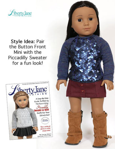 Liberty Jane 18 Inch Modern Button Front Mini Skirt 18" Doll Clothes pattern Pixie Faire