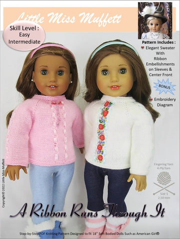 Little Miss Muffett Knitting A Ribbon Runs Through It 18" Doll Clothes Knitting Pattern Pixie Faire