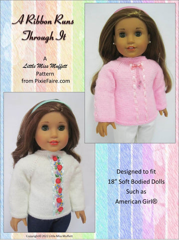 Little Miss Muffett Knitting A Ribbon Runs Through It 18" Doll Clothes Knitting Pattern Pixie Faire