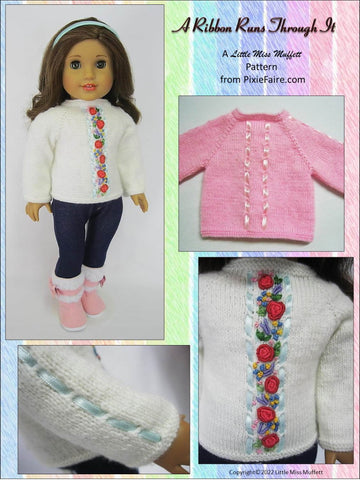 Little Miss Muffett Knitting A Ribbon Runs Through It 18" Doll Clothes Knitting Pattern Pixie Faire