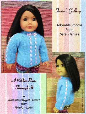 Little Miss Muffett Knitting A Ribbon Runs Through It 18" Doll Clothes Knitting Pattern Pixie Faire