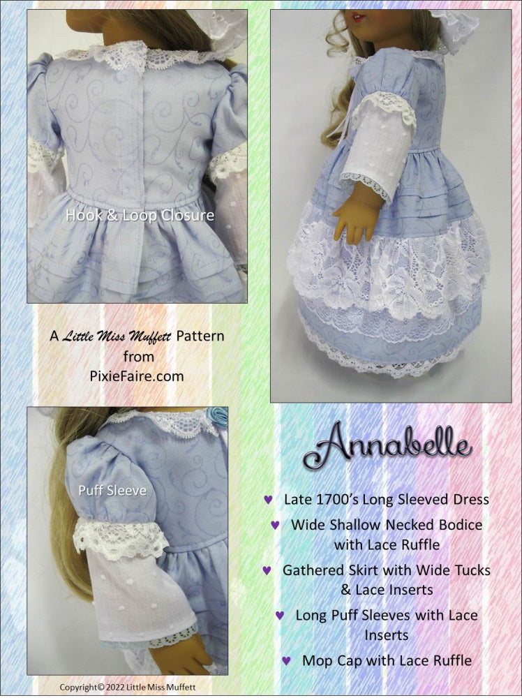 Little Miss Muffett 18 Inch Historical Annabelle 18" Doll Clothes Pattern Pixie Faire
