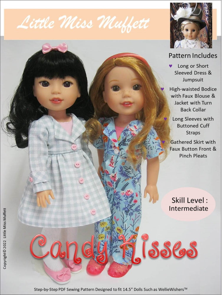 Little Miss Muffett WellieWishers Candy Kisses Jumpsuit and Dress 14.5" Doll Clothes Pattern Pixie Faire