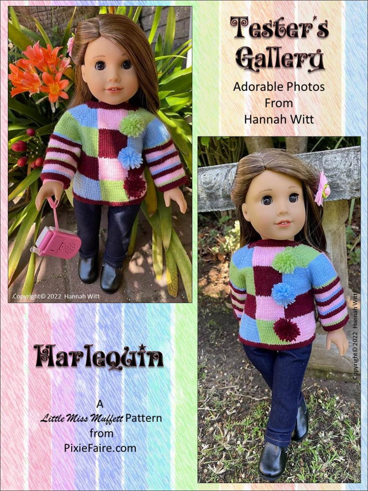 Little Miss Muffett Knitting Harlequin Sweater 18" Doll Knitting Pattern Pixie Faire