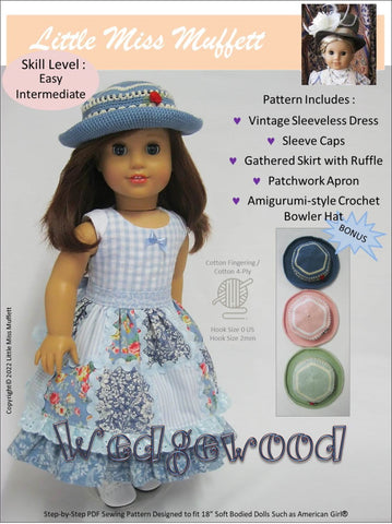 Little Miss Muffett 18 Inch Modern Wedgewood Dress and Hat Pattern for 18" Dolls Pixie Faire