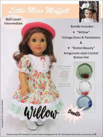 Little Miss Muffett 18 Inch Historical Willow and Breton Beauty Bundle 18" Doll Clothes Pattern Pixie Faire