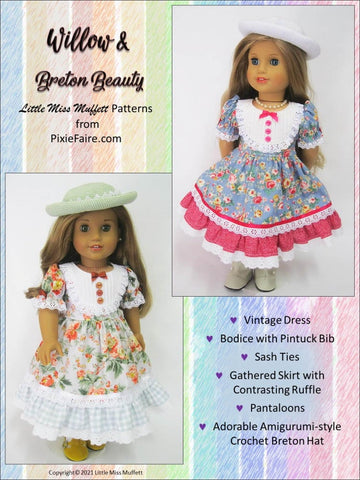 Little Miss Muffett 18 Inch Historical Willow and Breton Beauty Bundle 18" Doll Clothes Pattern Pixie Faire