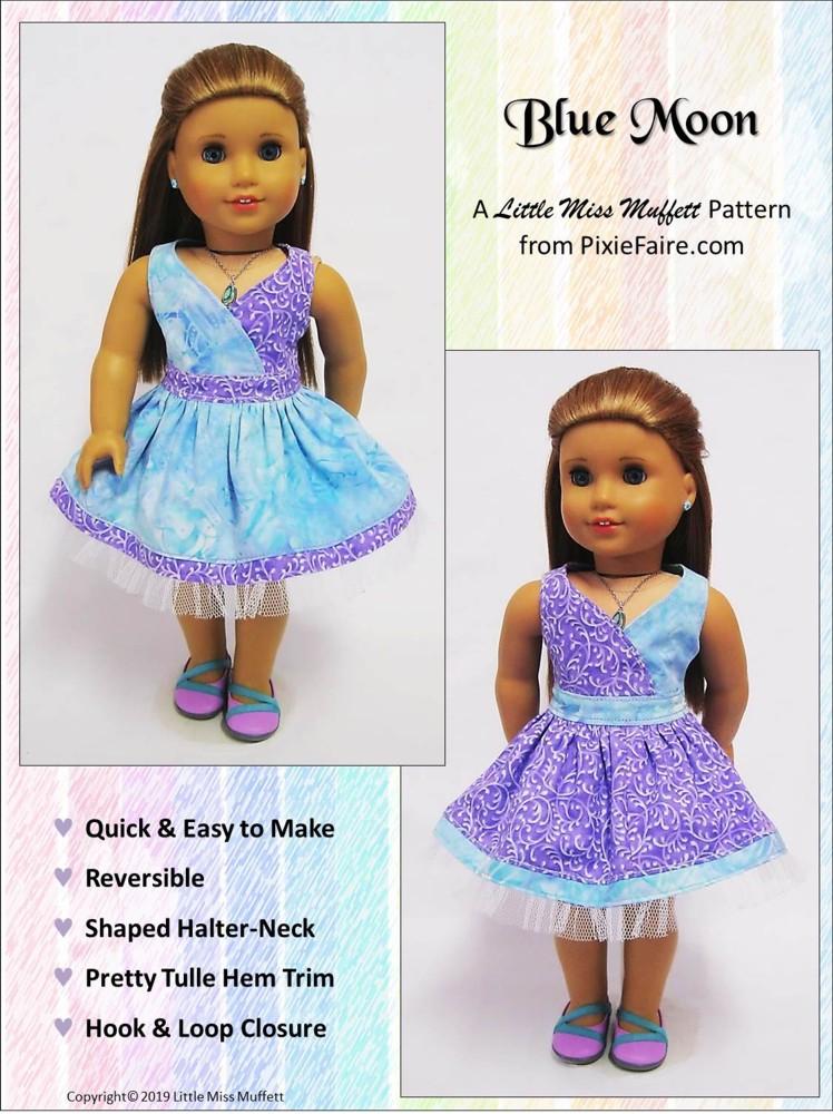 Little Miss Muffett 18 Inch Modern Blue Moon Halter Dress 18" Doll Clothes Pattern Pixie Faire