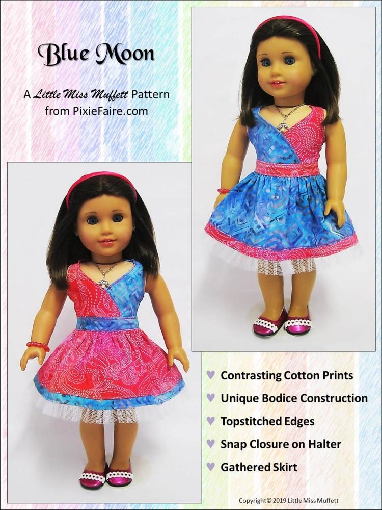Little Miss Muffett 18 Inch Modern Blue Moon Halter Dress 18" Doll Clothes Pattern Pixie Faire