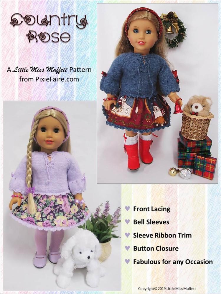 Little Miss Muffett Knitting Country Rose Dress Knitting and Sewing 18" Doll Clothes Pattern Pixie Faire