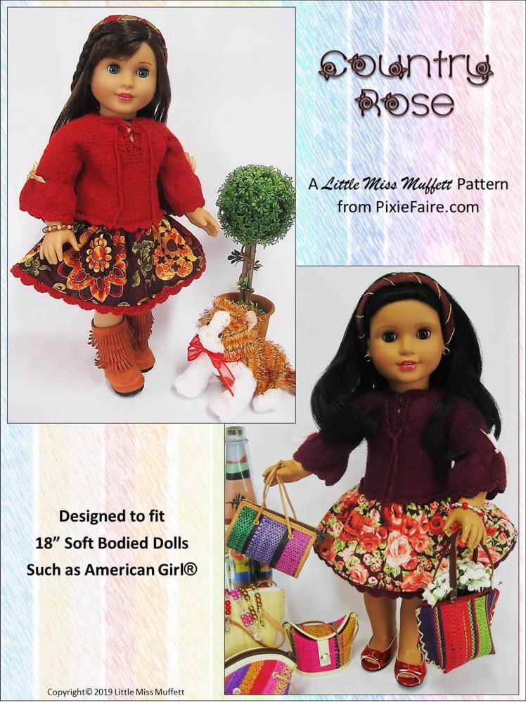 Little Miss Muffett Knitting Country Rose Dress Knitting and Sewing 18" Doll Clothes Pattern Pixie Faire